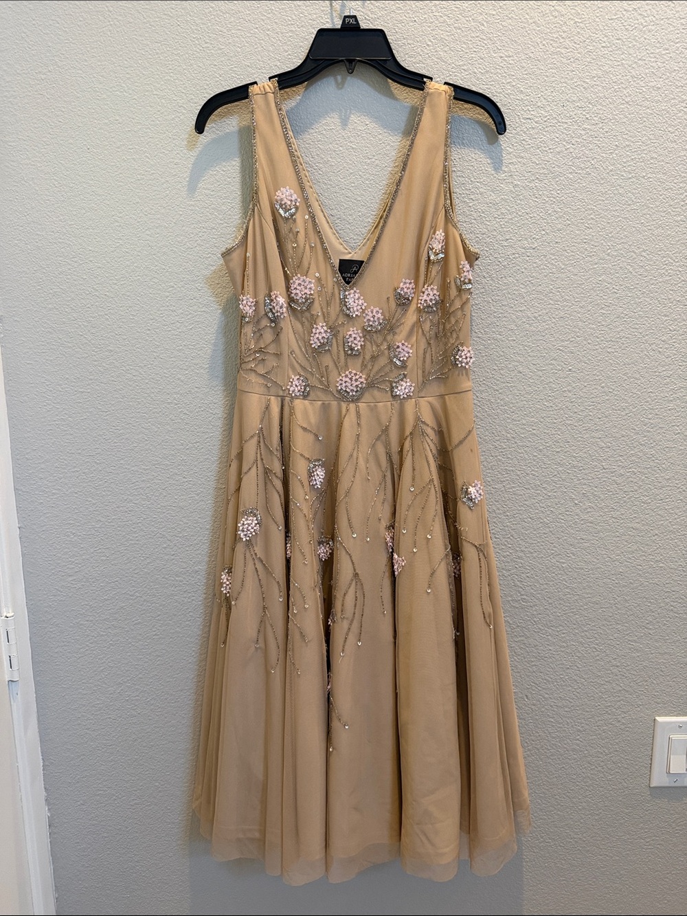 Adrianna Papell Beige Tulle Midi Dress with Pink Floral Beading